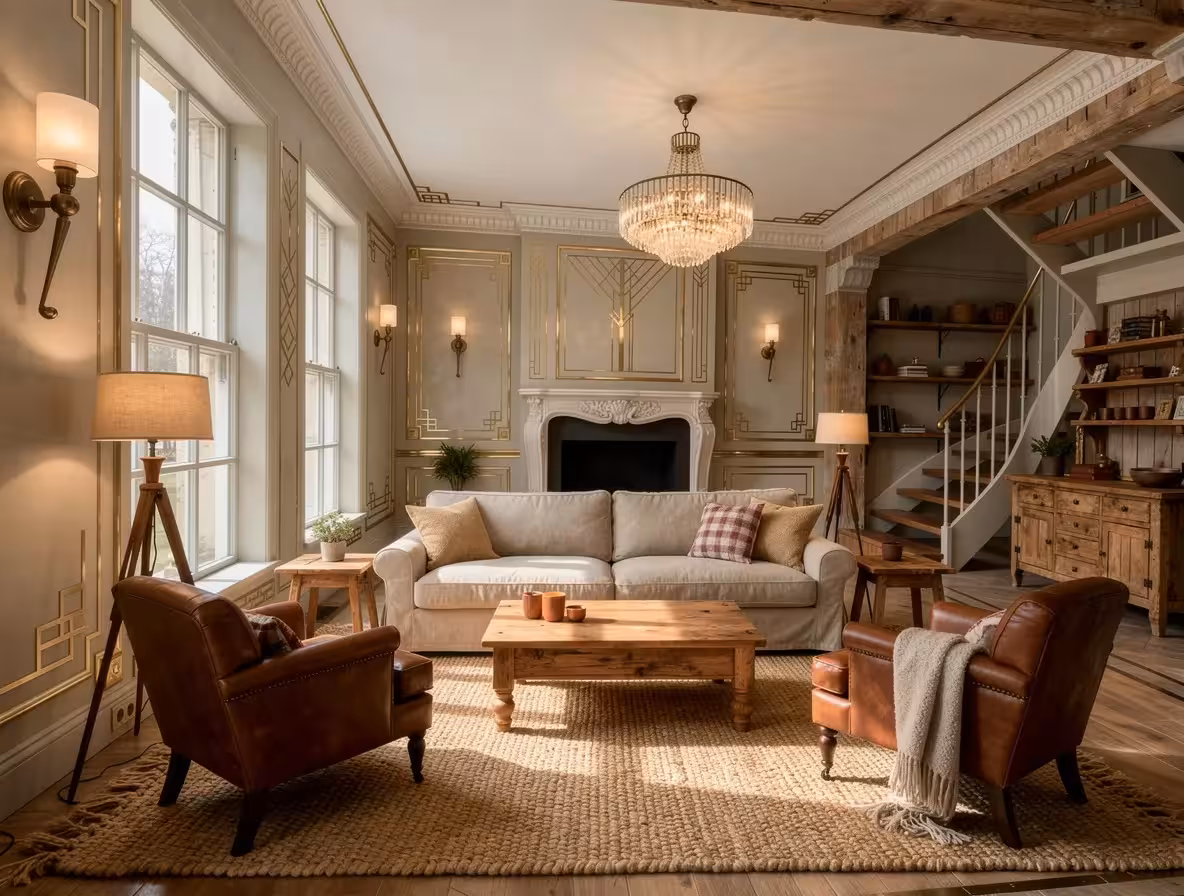 Rustic Art Deco living room with crystal chandelier, exposed wood beams, leather chairs, fireplace, and geometric wall molding.