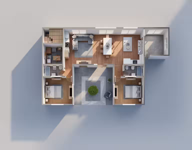 Top-view 3D floor plan of a modern two-bedroom apartment with open living, dining, kitchen, and central seating area.