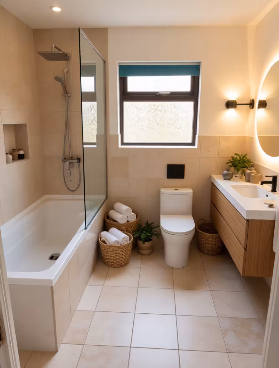 Contemporary bathroom with beige wall tiles, floating wood vanity, black fixtures, and woven storage baskets