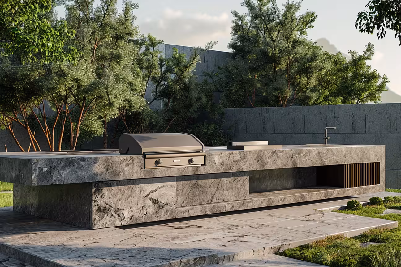 Concrete outdoor kitchen with wood cabinetry, built-in grill, stone countertop, and cozy bar seating area