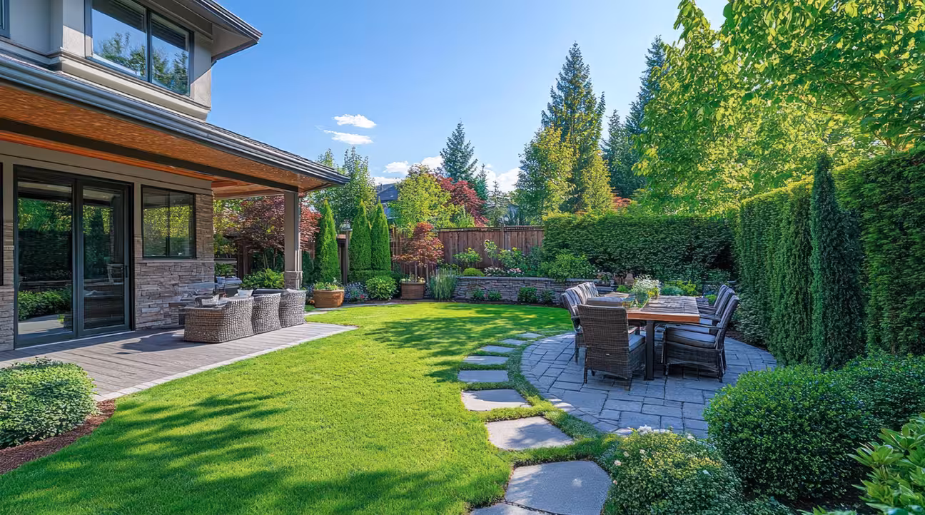 Landscaped backyard featuring a lush green lawn, curved stone stepping-stone pathway, and a paved outdoor dining area with a large table and chairs. A covered patio extends from the house on the left, while manicured hedges, shrubs, and tall trees surround the yard, creating a private and inviting outdoor living space on a sunny day.