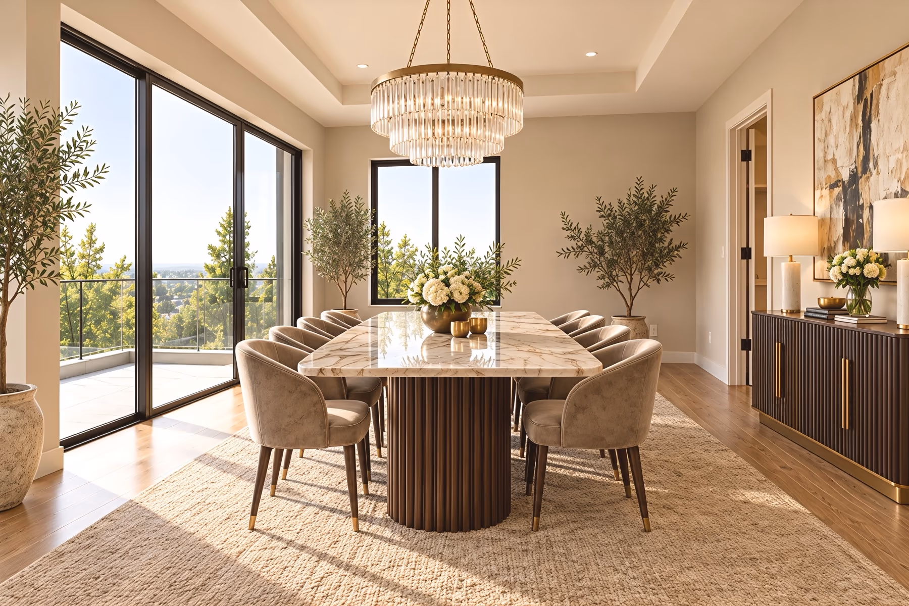 Dining room staged with AI: marble table, upholstered chairs, crystal chandelier, sideboard, rug and olive trees