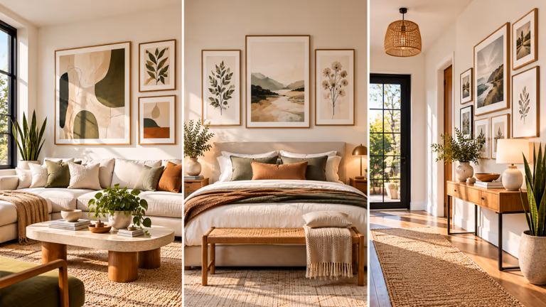 framed wall art in living room bedroom and entryway