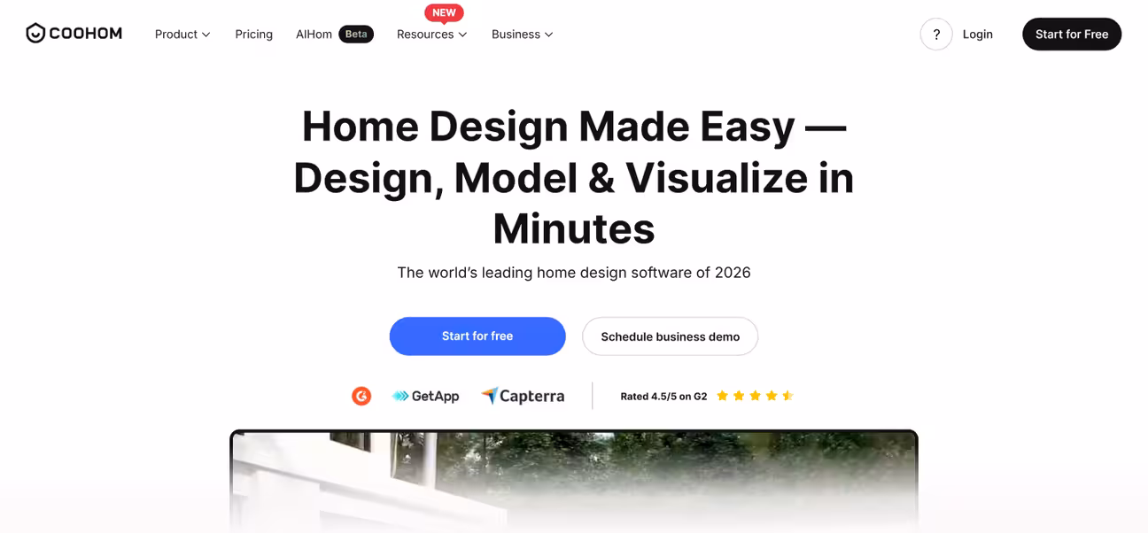Screenshot of Coohom landing page hero section
