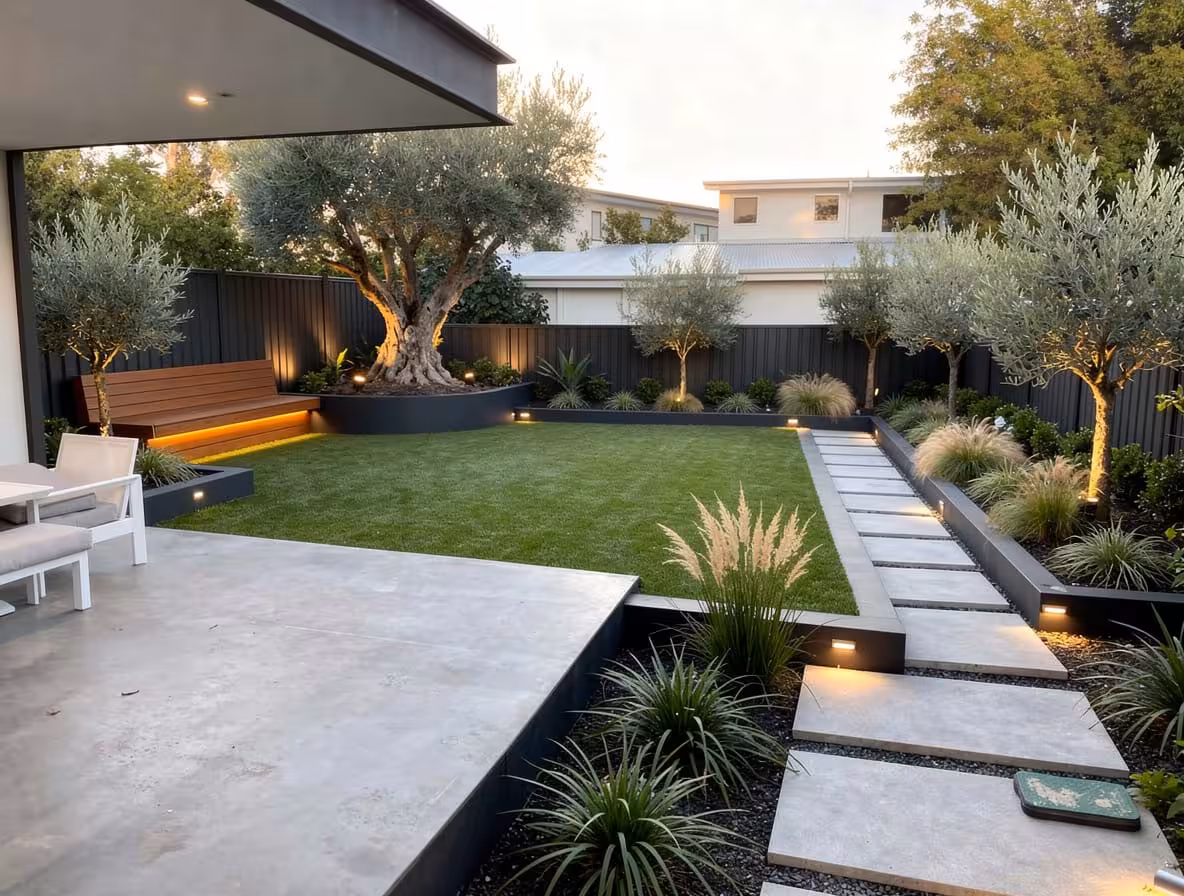 Modern minimalist backyard with green lawn, stepping stone path, olive trees, and ambient landscape lighting