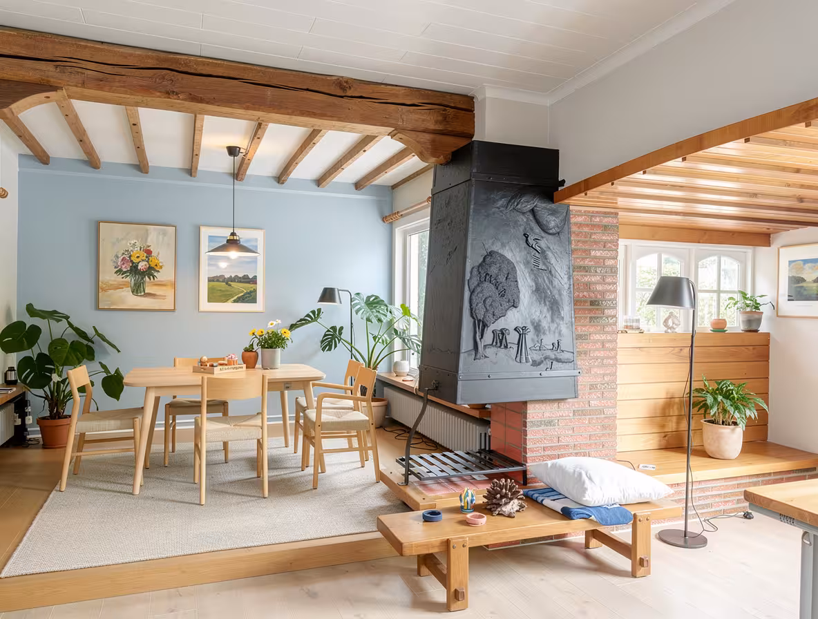 Scandinavian dining room with light wood furniture, pale blue walls, exposed wooden beams, black sculpted fireplace, green plants, and soft natural lighting.