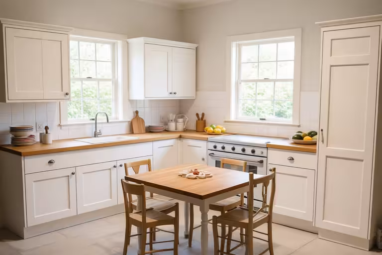 A bright modern farmhouse kitchen with white cabinetry, wooden countertops, a central wooden table with four chairs, natural light from two windows.