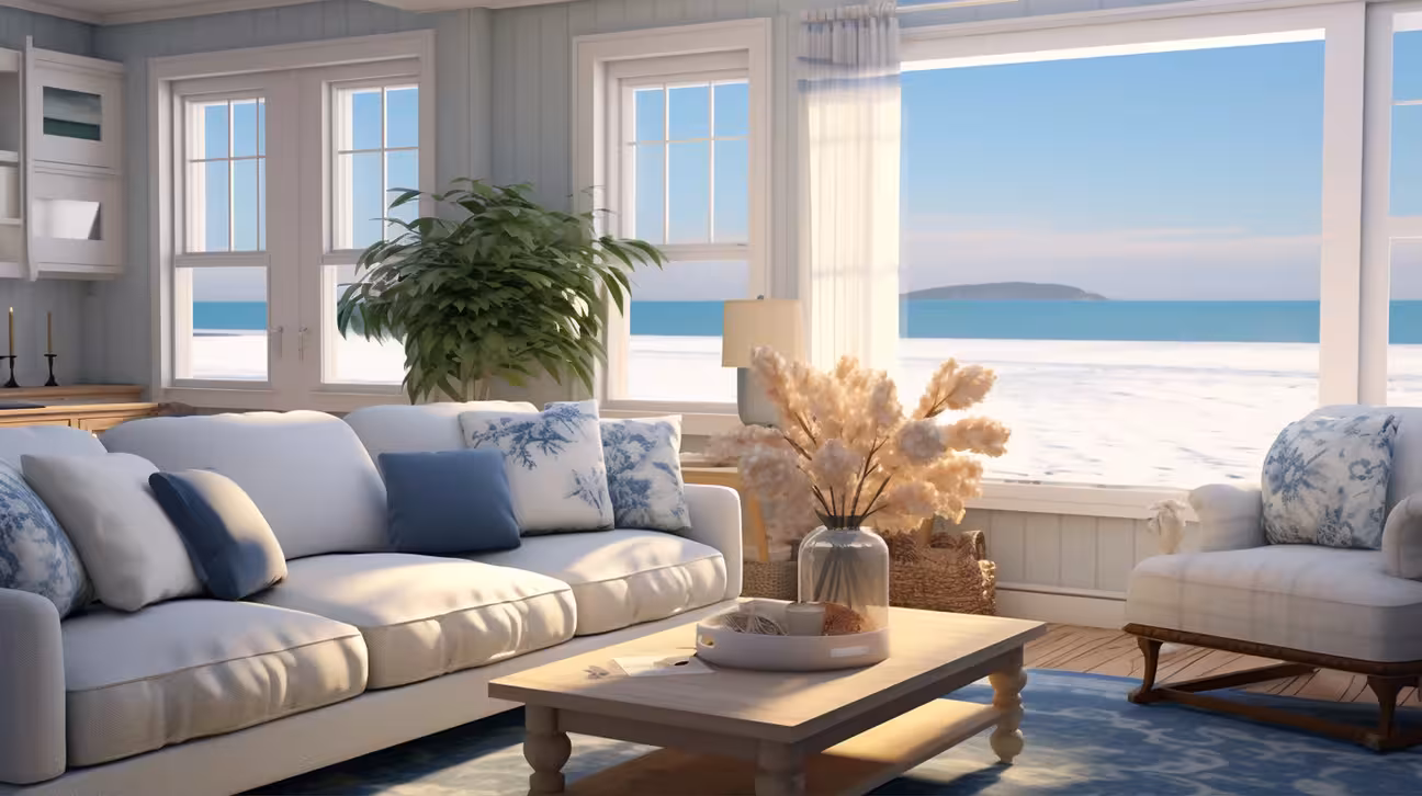 AI-generated Coastal living room with light blue sofa, toile cushions, and panoramic ocean view