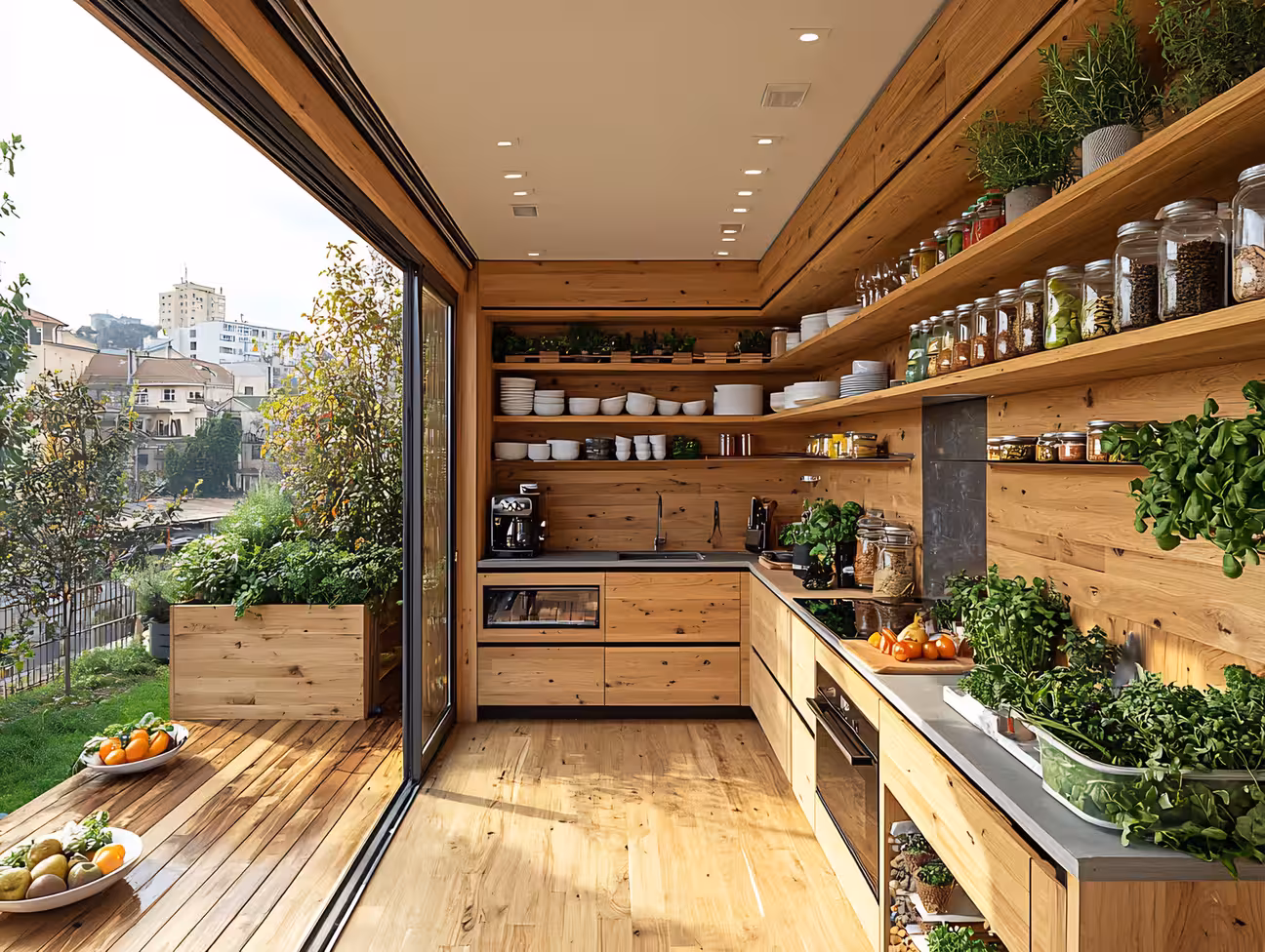 Storage wall outdoor kitchen with wood cabinetry, open shelving, fresh herbs, and large sliding glass doors leading to a garden patio