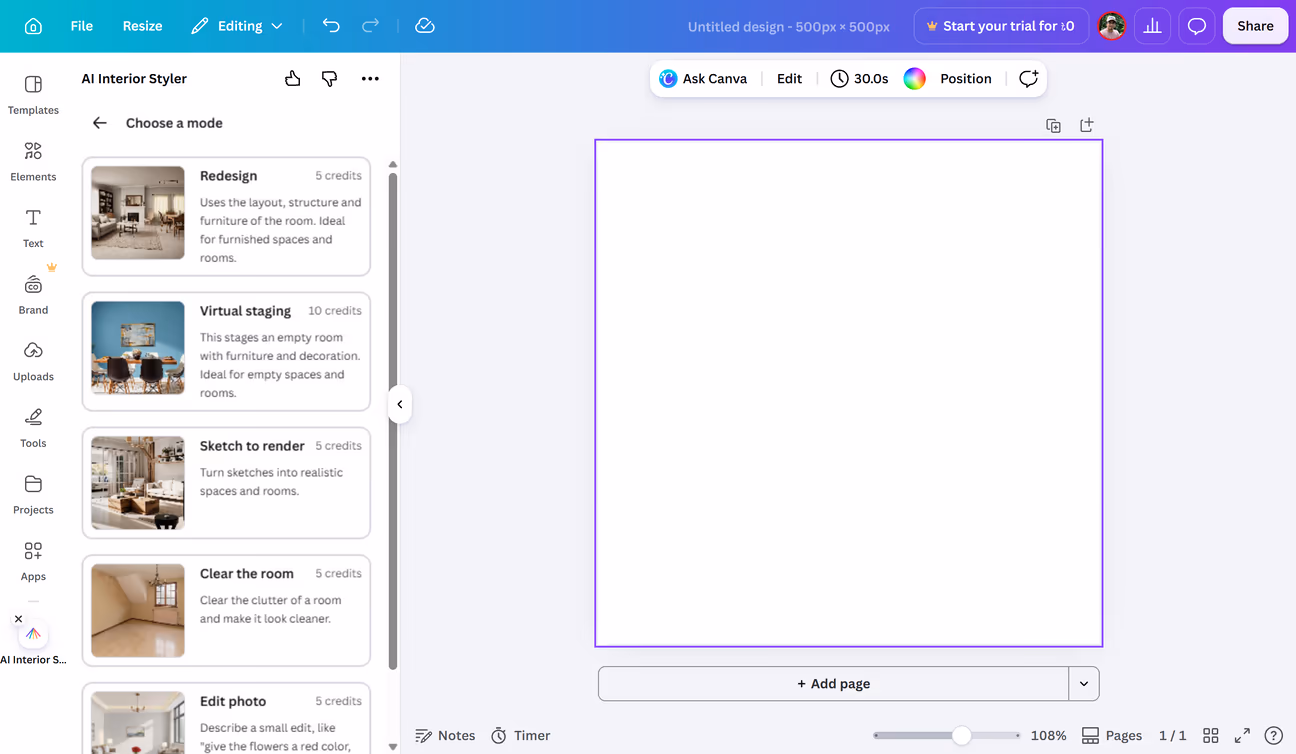 Canva AI interior styler app interface