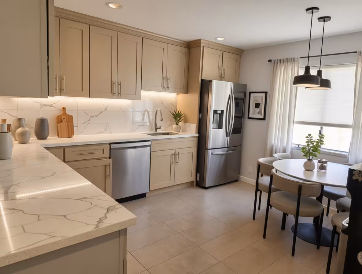 Transitional kitchen with beige cabinetry, marble-look wall panels, pendant lighting, compact dining area, and stainless steel appliances.