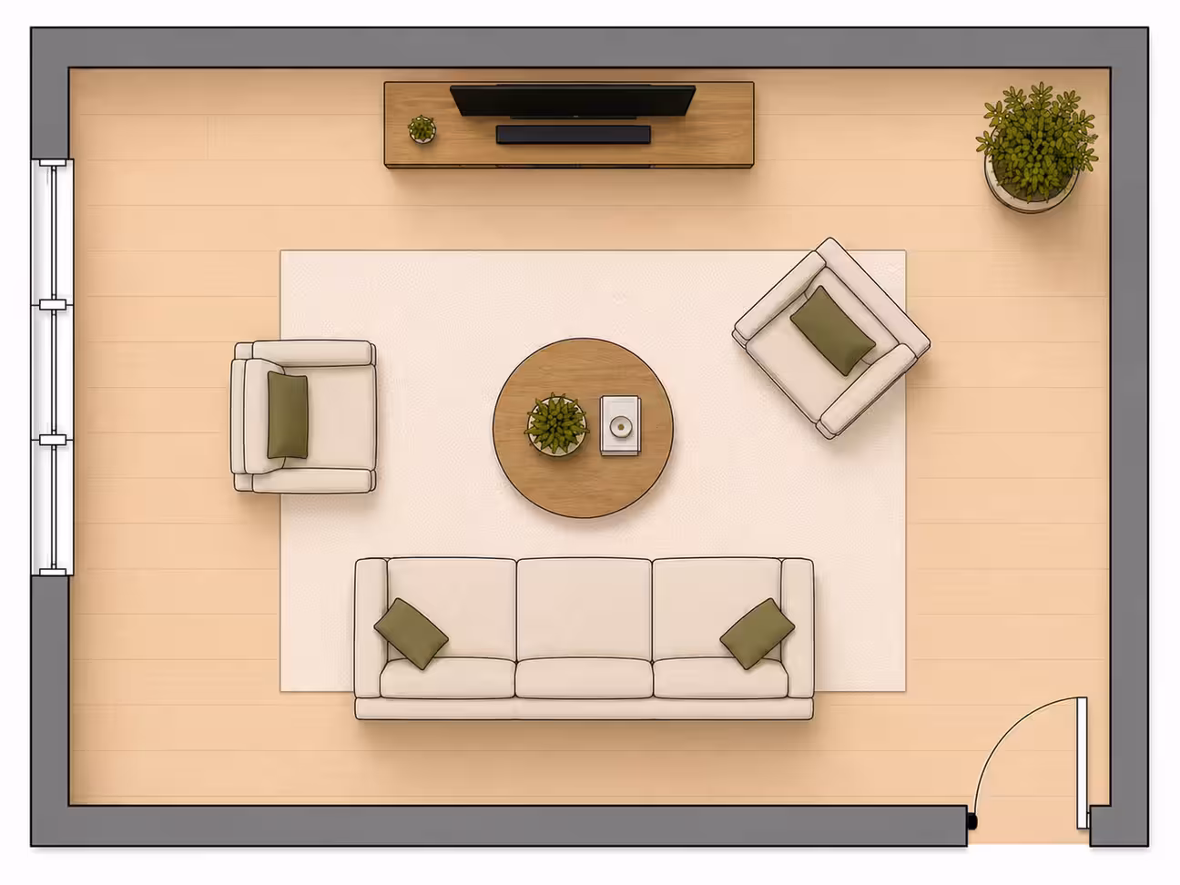 Top-down 2D floor plan of a small rectangular living room with a sofa on the bottom wall, one armchair on the left and another angled in the top-right corner, round coffee table in the center, and TV console on the top wall