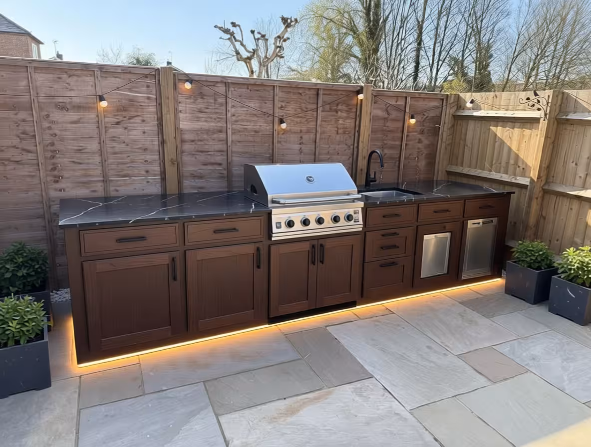 Modern rustic outdoor kitchen with built-in grill, dark countertops, and warm LED lighting.