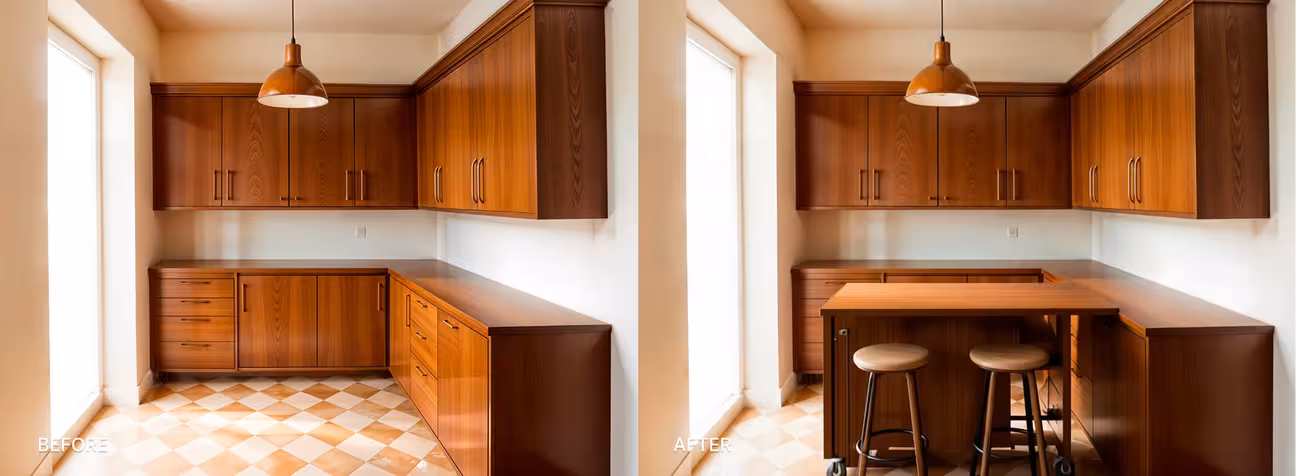 BEFORE: a small L-shaped kitchen with limited counter space and no island. AFTER: the same kitchen with a slim rolling island added, matching the lower cabinet color, with one side offering two bar stool positions. AI-generated with DecorAI