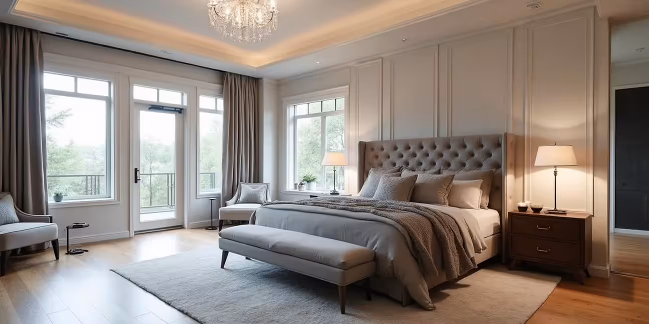 Large master bedroom with a tropical botanical theme, warm cherry wood sleigh bed with matching nightstands, two framed botanical leaf prints above the headboard, floral-patterned curtains beside a shuttered window, and warm bedside lamp light on both sides