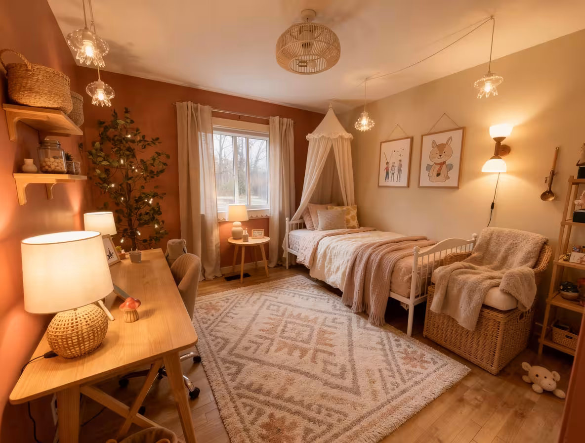 Scandinavian kids bedroom with canopy bed, neutral textiles, light wood accents, and patterned rug.