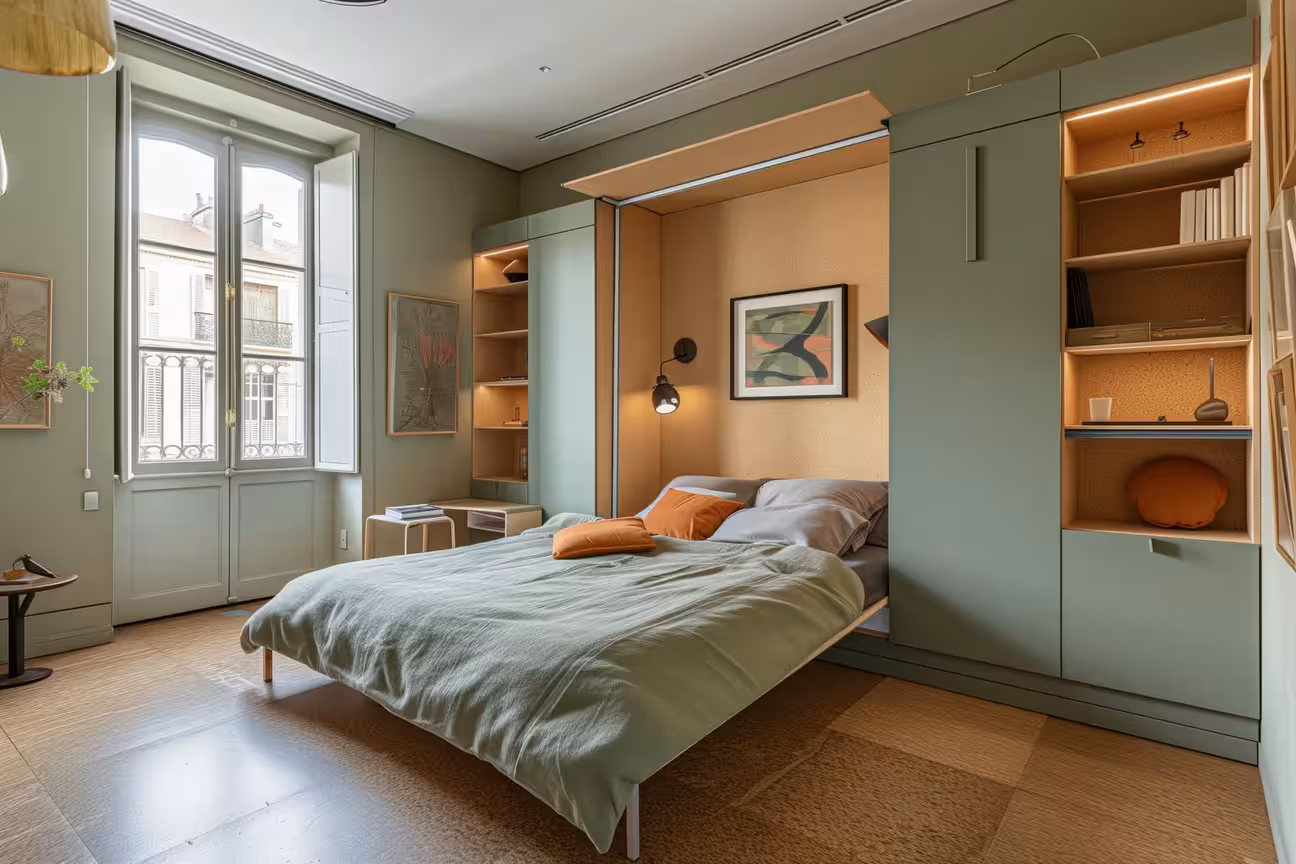 Storage-smart apartment bedroom with a sage green Murphy wall bed fully lowered, integrated open shelving and closed cabinet units on both sides, a compact desk with stool to the left, warm cork tile flooring, and a tall French window with a city balcony view