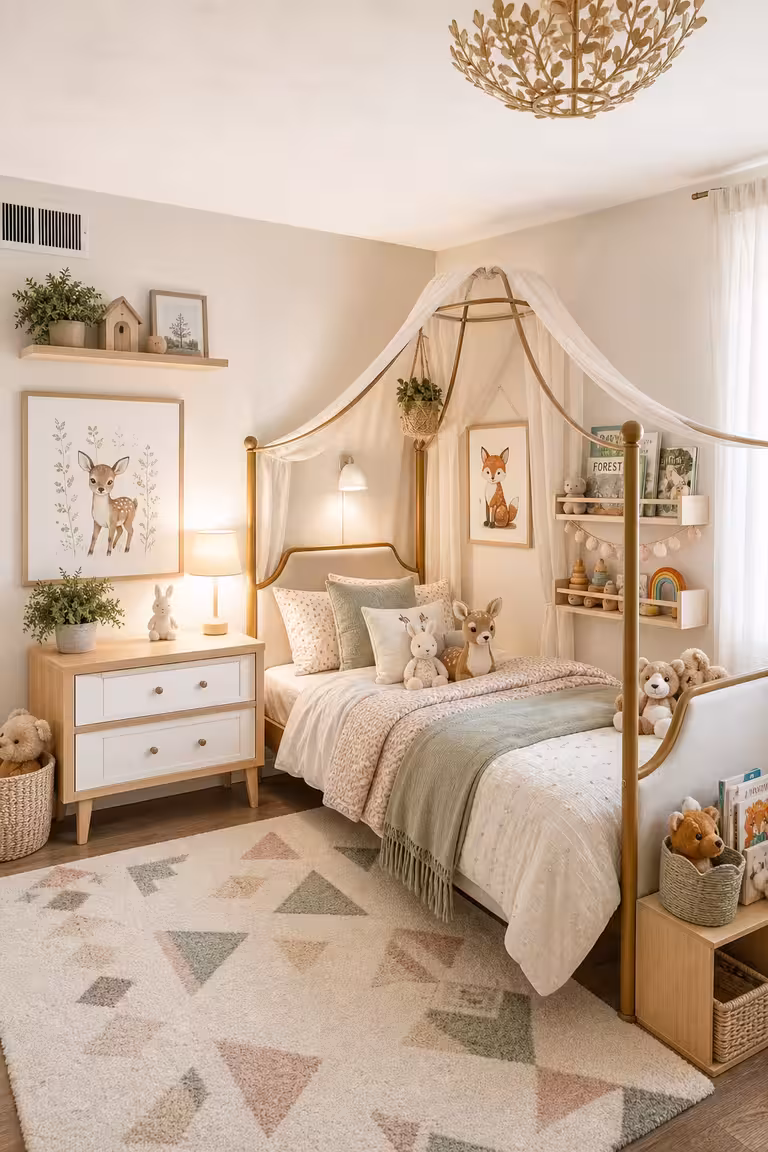 Modern Scandinavian kids bedroom with blush and sage tones, canopy bed, woodland decor, and floating wall shelves