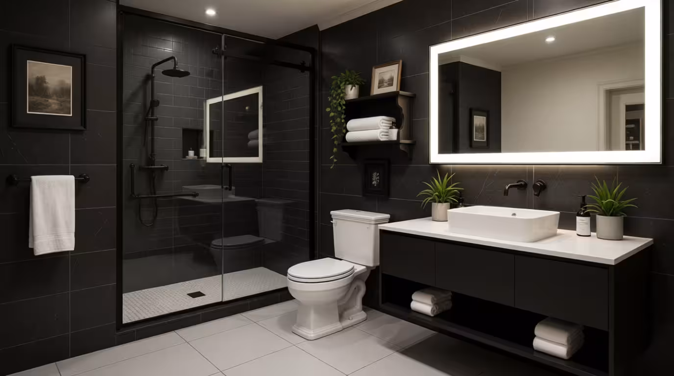 Modern bathroom with floating vanity, oversized backlit mirror, frameless glass shower, matte black fixtures, and open shelving