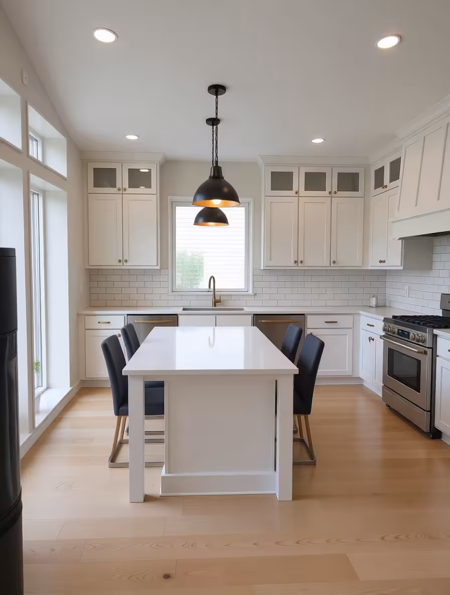 A Contemporary kitchen with dining, white cabinetry, subway tile backsplash, light wood flooring, black pendant lights, stainless steel appliances