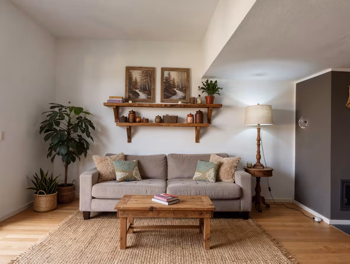 A rustic living room with beige sofa, wooden coffee table, natural fiber rug, potted plants, wooden shelves with pottery, warm neutral tones.