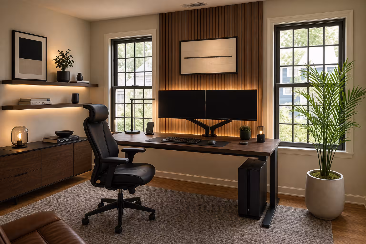 Modern minimalist home office with walnut slat wall, dual monitors, warm lighting, and indoor plant