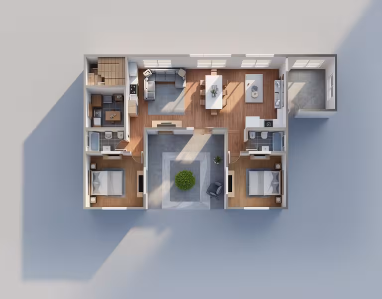 Top-view 3D floor plan of a modern two-bedroom apartment with open living, dining, kitchen, and central seating area.