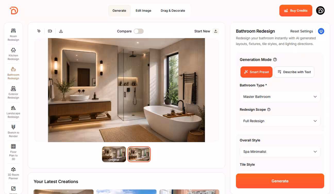 DecorAI app screenshot showing bathroom design tool interface with a modern spa bathroom