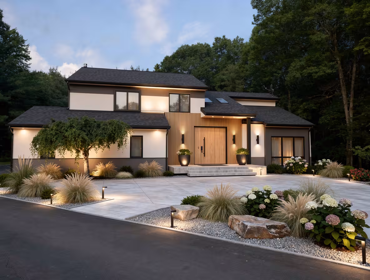 Modern Scandinavian house exterior with warm wood accents, minimalist landscaping, and soft architectural lighting