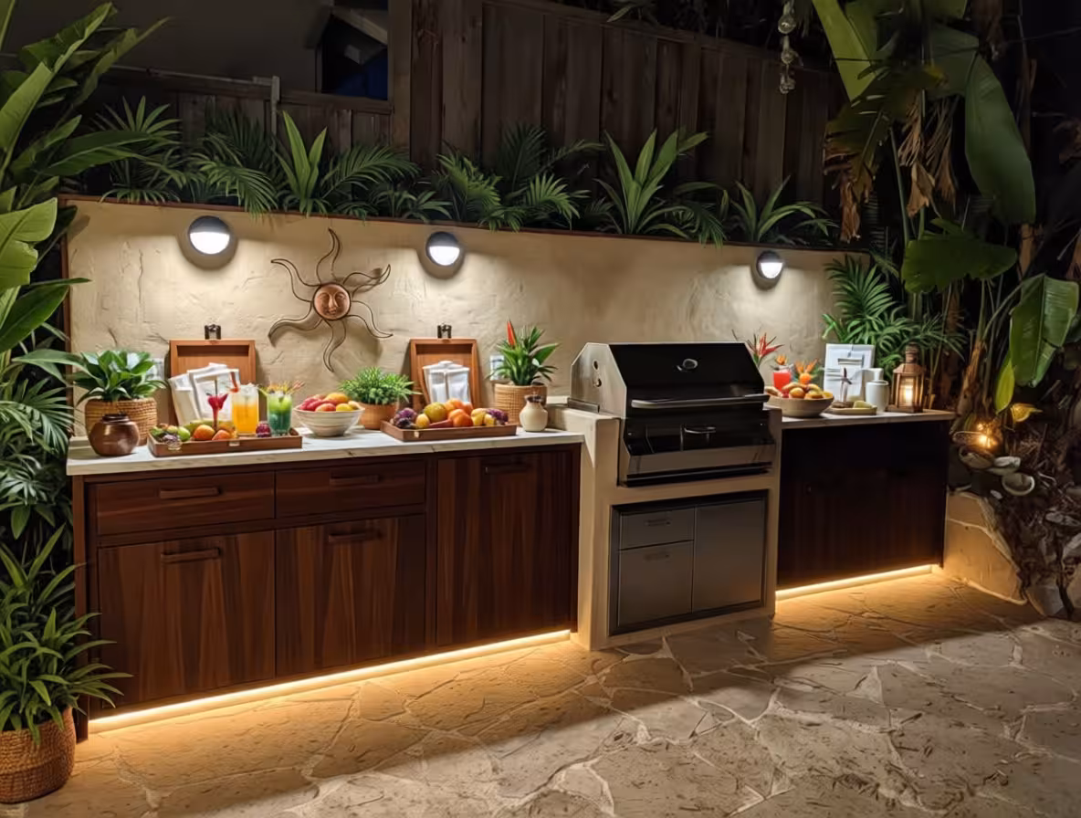 Modern tropical outdoor kitchen with teak cabinetry, tropical plants, and warm LED lighting