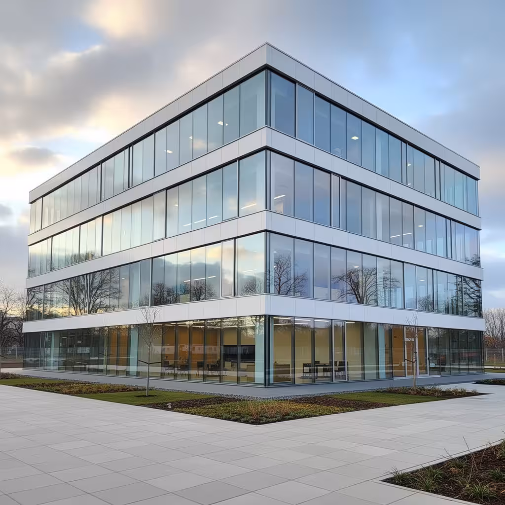 A modern commercial building exterior with sleek glass facades, clean white horizontal panels, minimalist landscaping, and a calm, professional atmosphere under a cloudy sky.