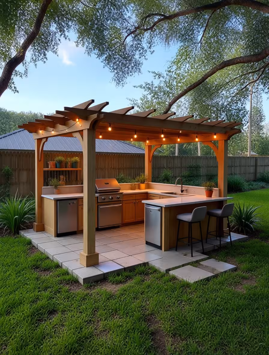 Modern farmhouse backyard kitchen with wood pergola, string lighting, stone countertops, bar seating, and stainless steel grill appliances