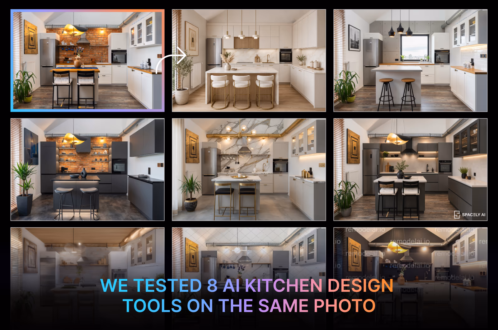 Best AI kitchen design tools - A grid of original kitchen photo and generated results by 8 AI tools.