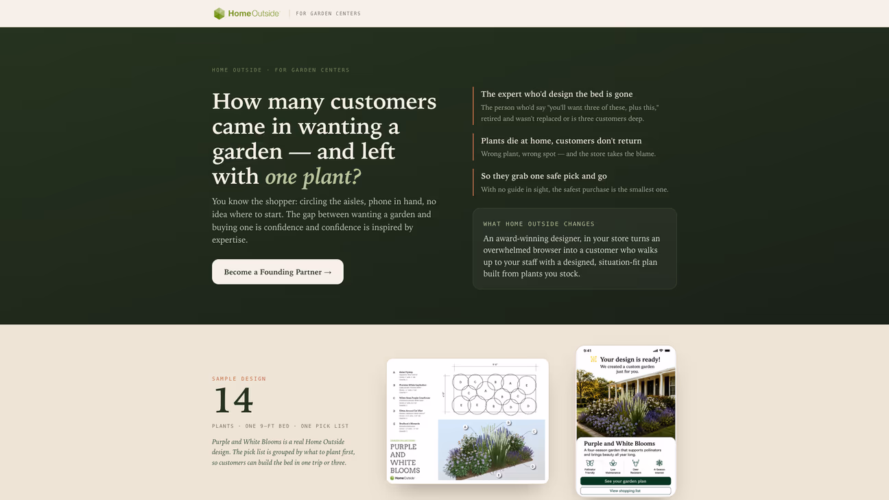 Home Outside garden center program page showing a sample planting plan and mobile garden design