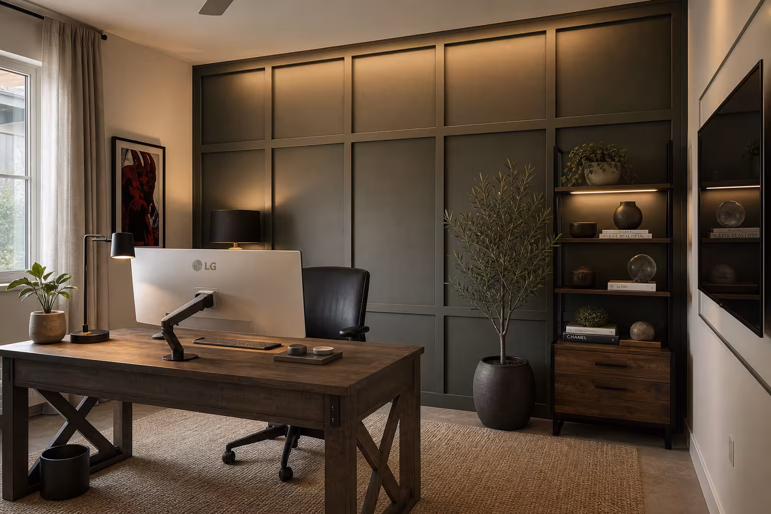 Modern minimalist home office with dark accent wall, warm wood desk, ambient lighting, and refined decor