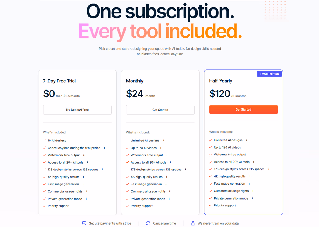 Pricing table of DecorAI.io