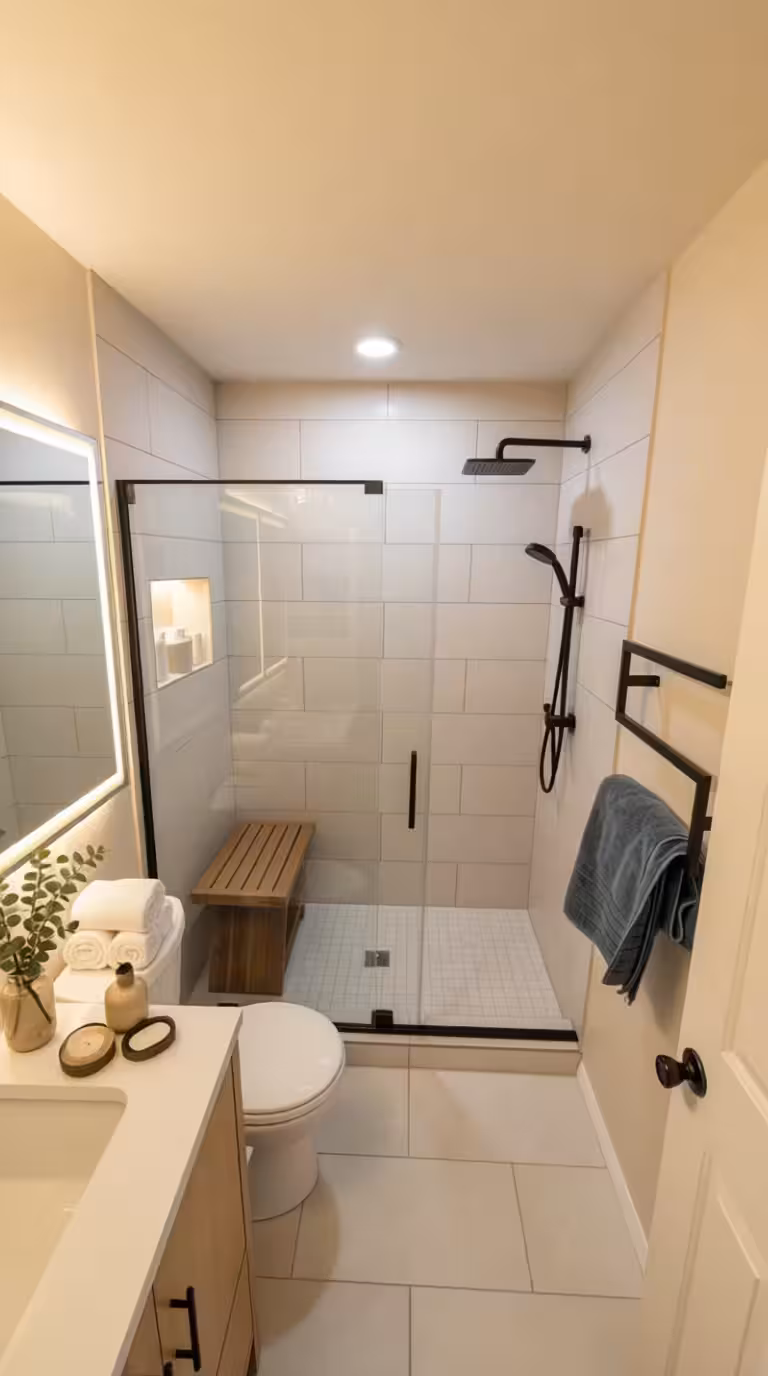Contemporary bathroom with beige wall tiles, frameless glass shower, floating teak bench, and matte black fixtures