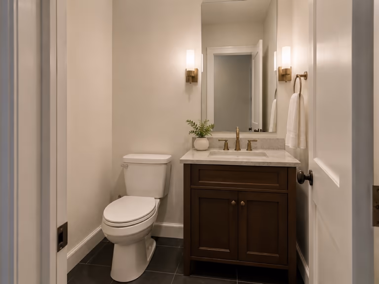 A small windowless powder room with a toilet, a compact dark wood vanity with a stone top, a large mirror and a wall light on each side