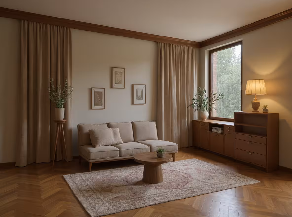 Mid-Century Modern living room with beige sofa, wooden coffee table, patterned rug, large window, warm lighting, neutral curtains, and natural wood accents.