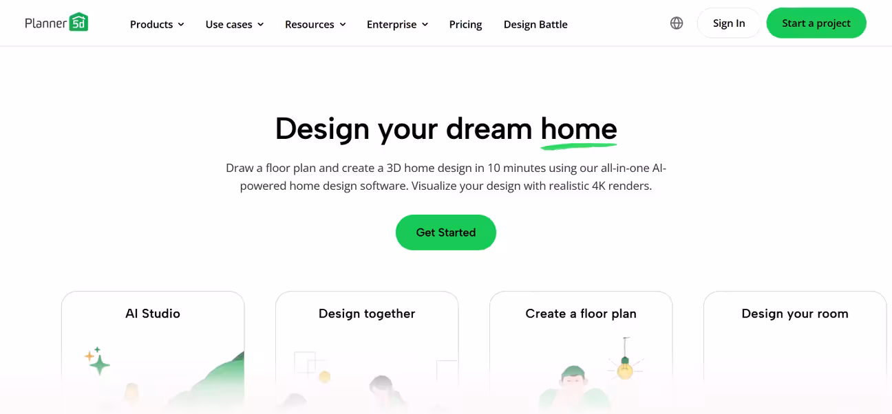 Landing page of planner 5D app