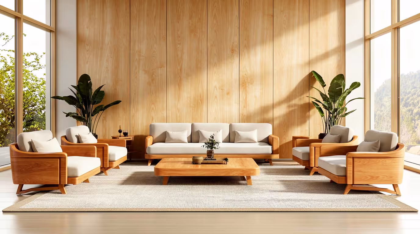 Scandinavian living room with light wood panel walls, minimalist furniture, neutral seating, and modern Nordic decor.