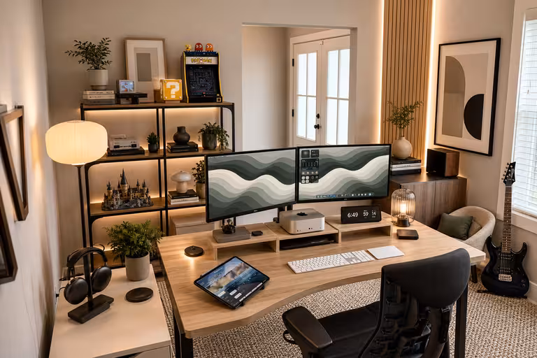 Modern home office with ambient lighting, dual monitors, curated shelving, and minimalist tech lounge styling