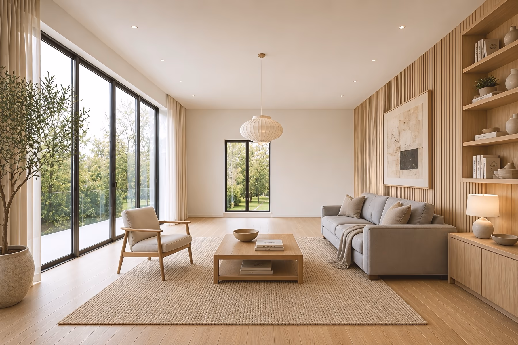 Living room after redesign with a wood slat wall, open shelving, a sofa and a paper pendant light