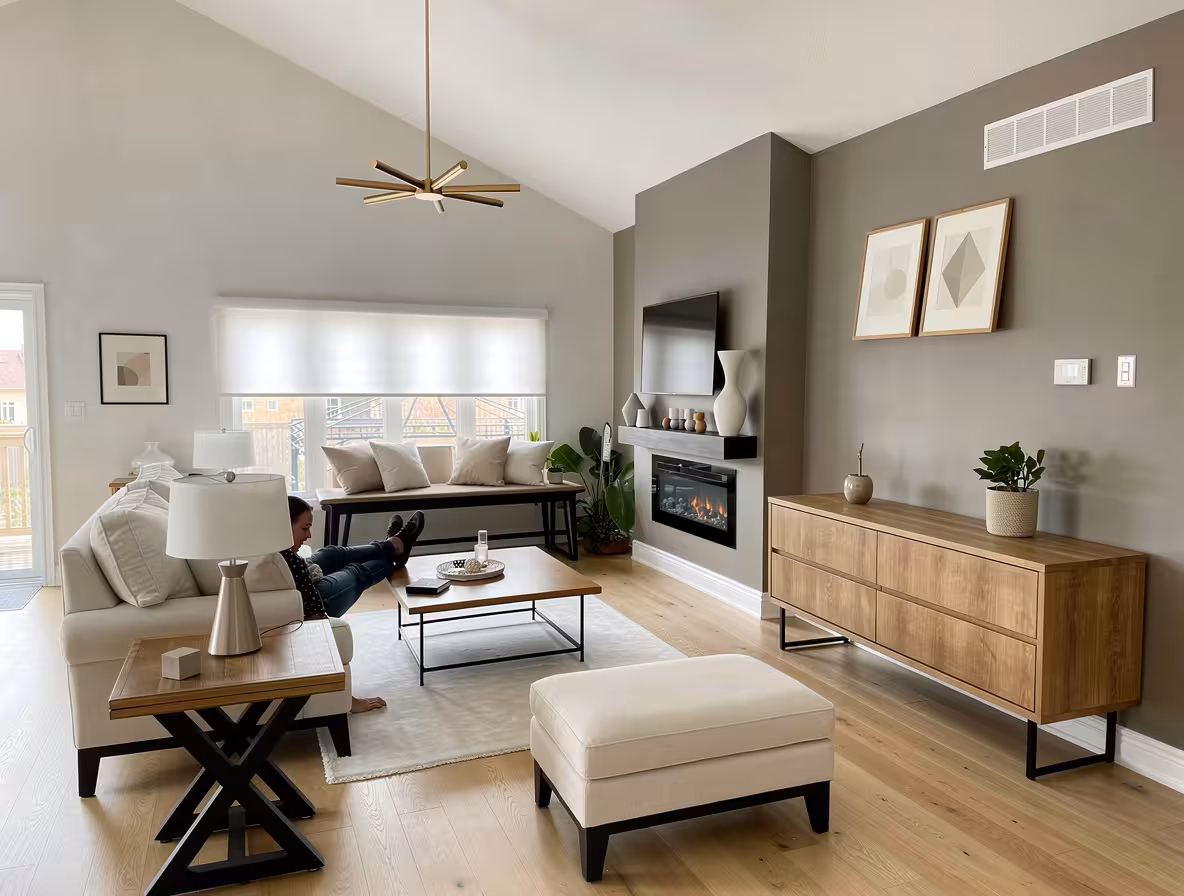 Modern minimalist living room with neutral furniture, fireplace wall, vaulted ceiling, and light wood accents
