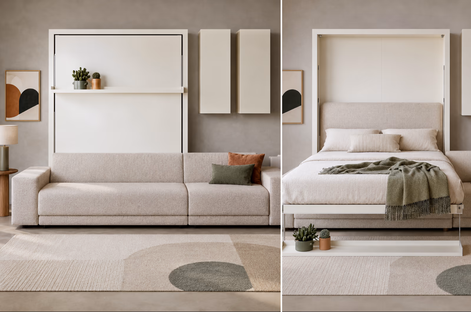 Murphy Bed Ideas: Side-by-side comparison of a modern Murphy bed living room in closed and open configurations. The left image shows the wall bed folded into a sleek white cabinet above a contemporary beige sofa, creating a minimalist living space with neutral décor and geometric artwork. The right image shows the Murphy bed folded down over the sofa, revealing a cozy bedroom with white bedding, a fabric-upholstered headboard, integrated shelf, and soft earth-tone accents.