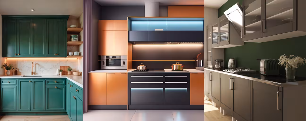 a close-up comparison of three cabinet profiles: Shaker, inset, and raised panel