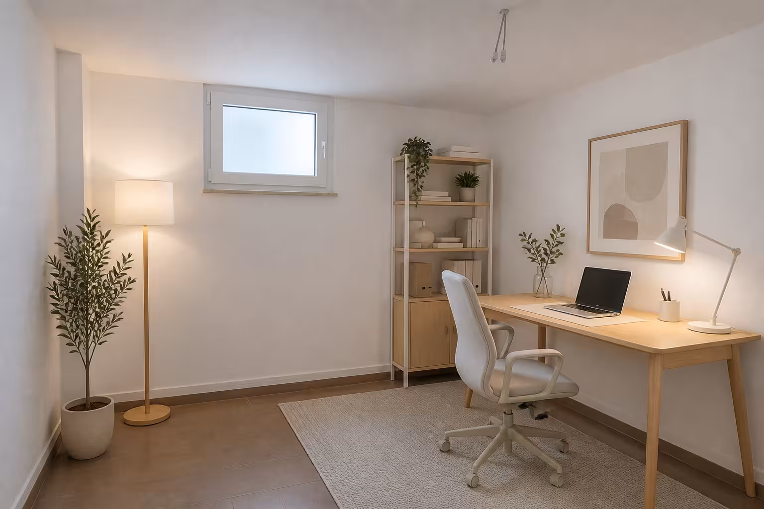 Scandinavian home office with light wood desk, ergonomic chair, minimalist shelving, neutral tones, soft lighting, green plants, and abstract wall art.