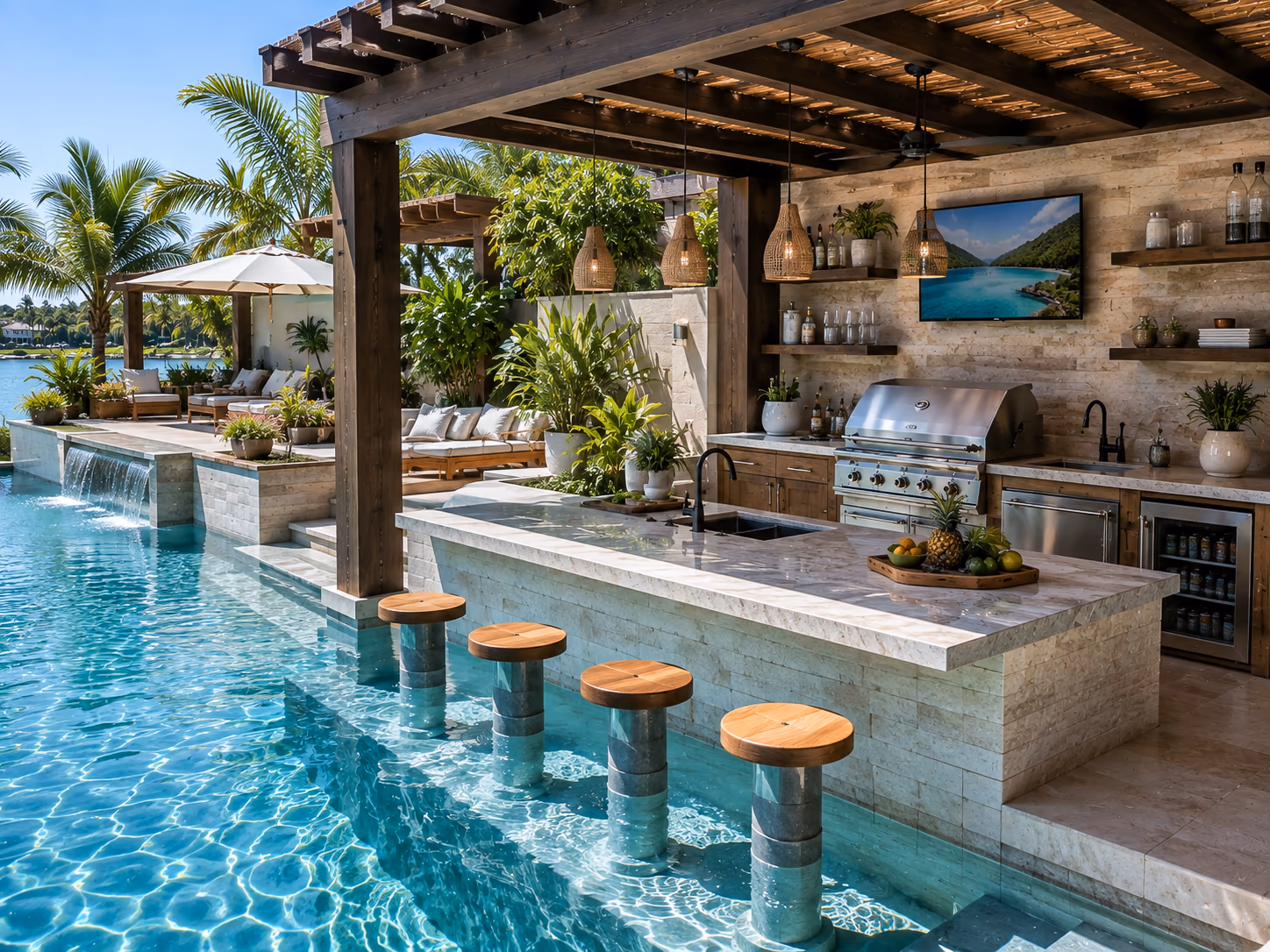 A pool swim-up kitchen with a pergola, grill, seating, lighting, a lake view.