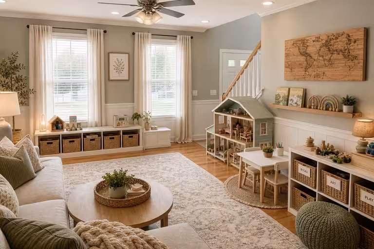 Family living room play area with dollhouse, kids desk, storage bins, gray walls, and hardwood flooring