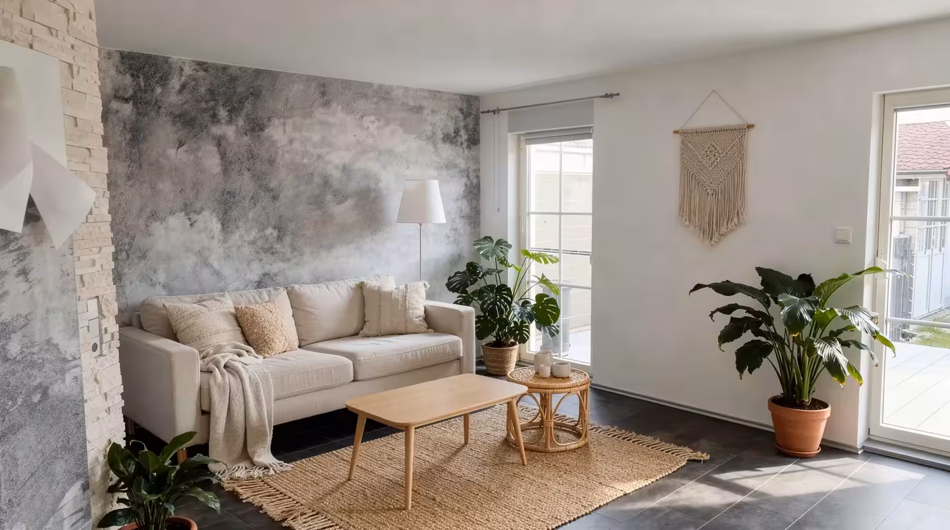 Boho Scandinavian living room with textured accent wall, neutral sofa, woven decor, indoor plants, and natural wood furniture